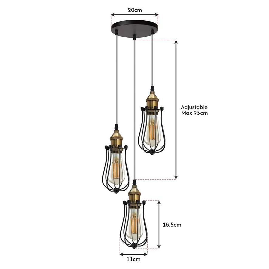 Black industrial cluster ceiling light with three wire cage shades, adjustable cords, retro pendant lighting style