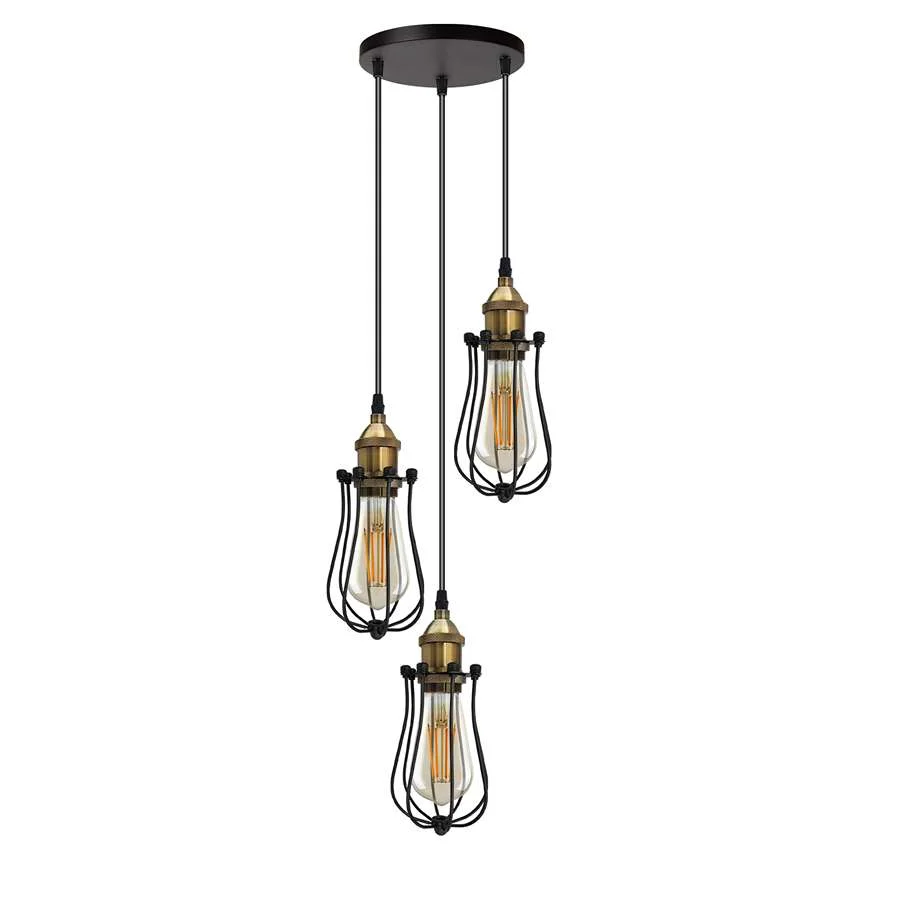 Black industrial cluster pendant with three wire cages and adjustable cords, E27 bulb ceiling light for indoor use