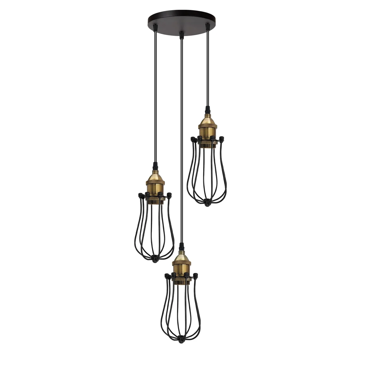 Black industrial cluster ceiling light with three adjustable cord pendant bulbs and metal wire cages hanging from a ceiling rose