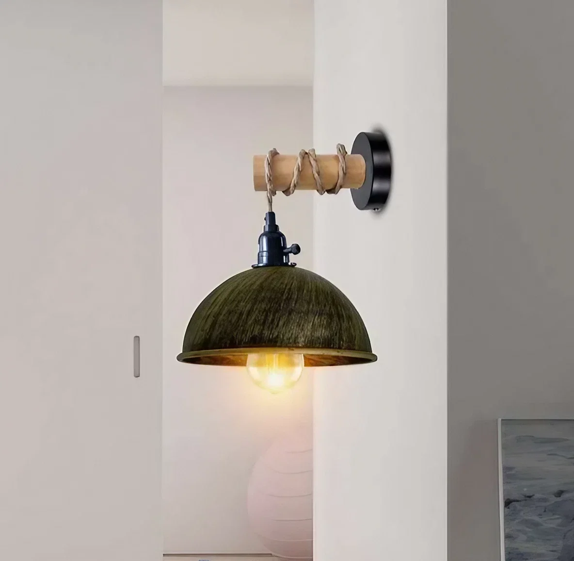 Vintage wall lamp with wooden arm and metal dome shade, hanging light with 2m cable for adjustable height