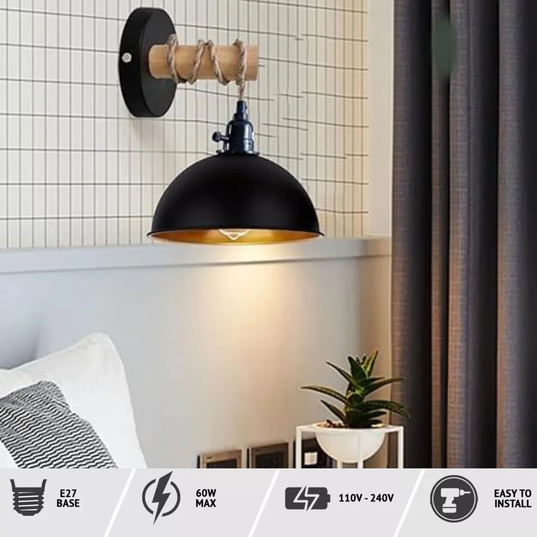 Rustic vintage E27 wall light with wooden arm and metal dome shade hanging against a neutral background