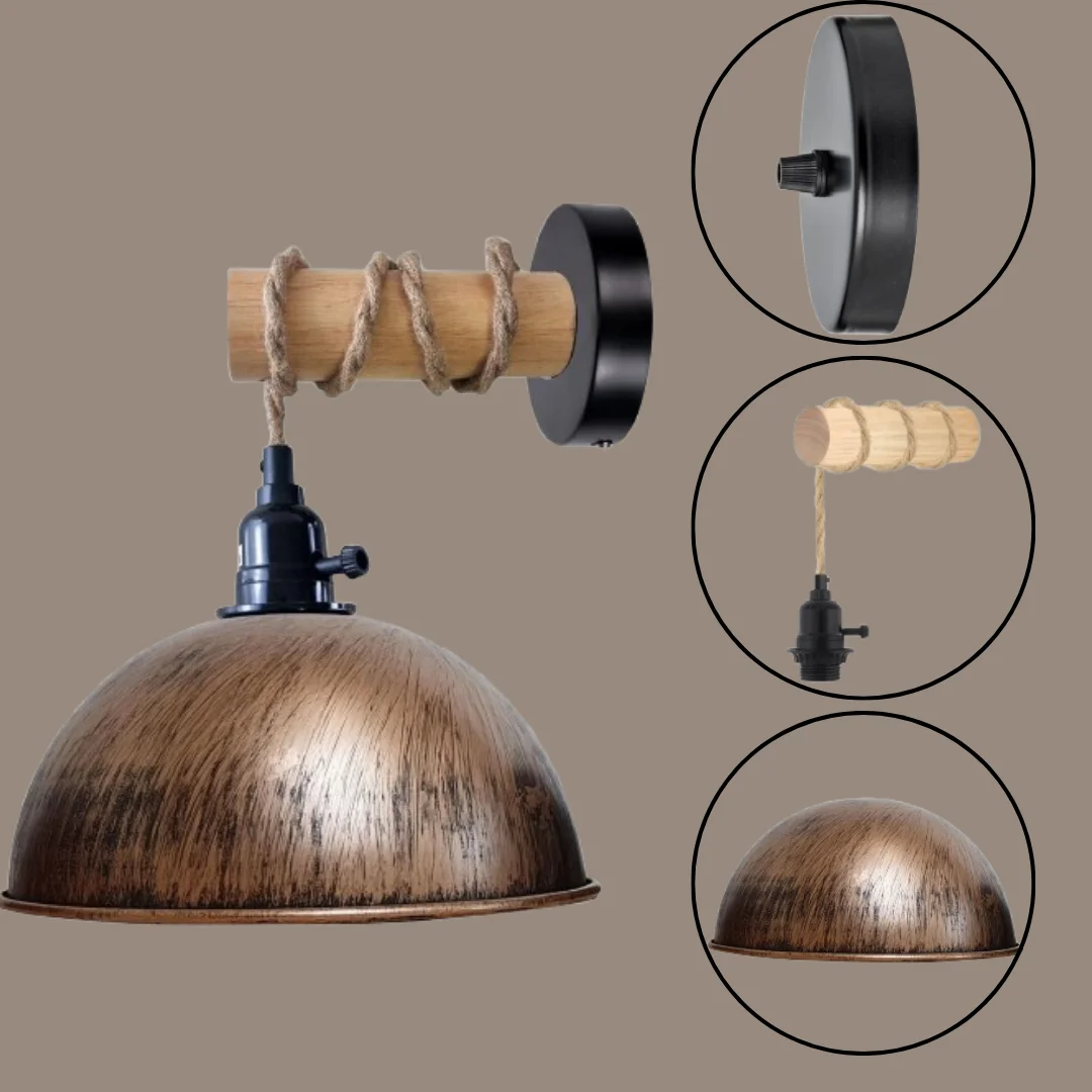 Retro wall lamp with wooden arm and metal dome shade hanging from ceiling with 2m cable against white background