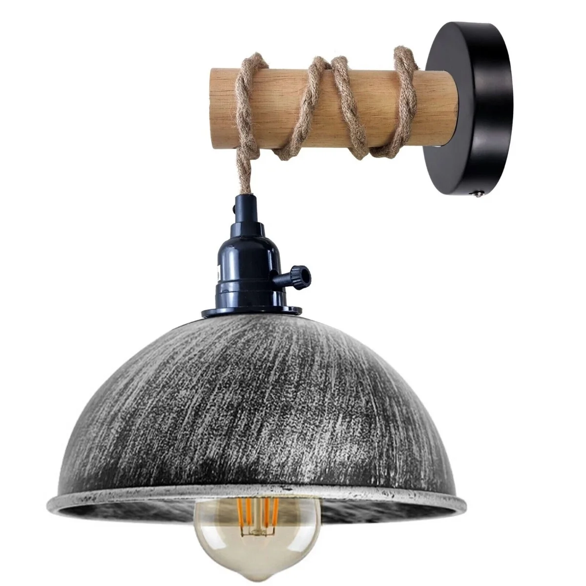 Vintage wall lamp with wooden arm and metal dome shade hanging from ceiling by 2m cable in rustic interior setting