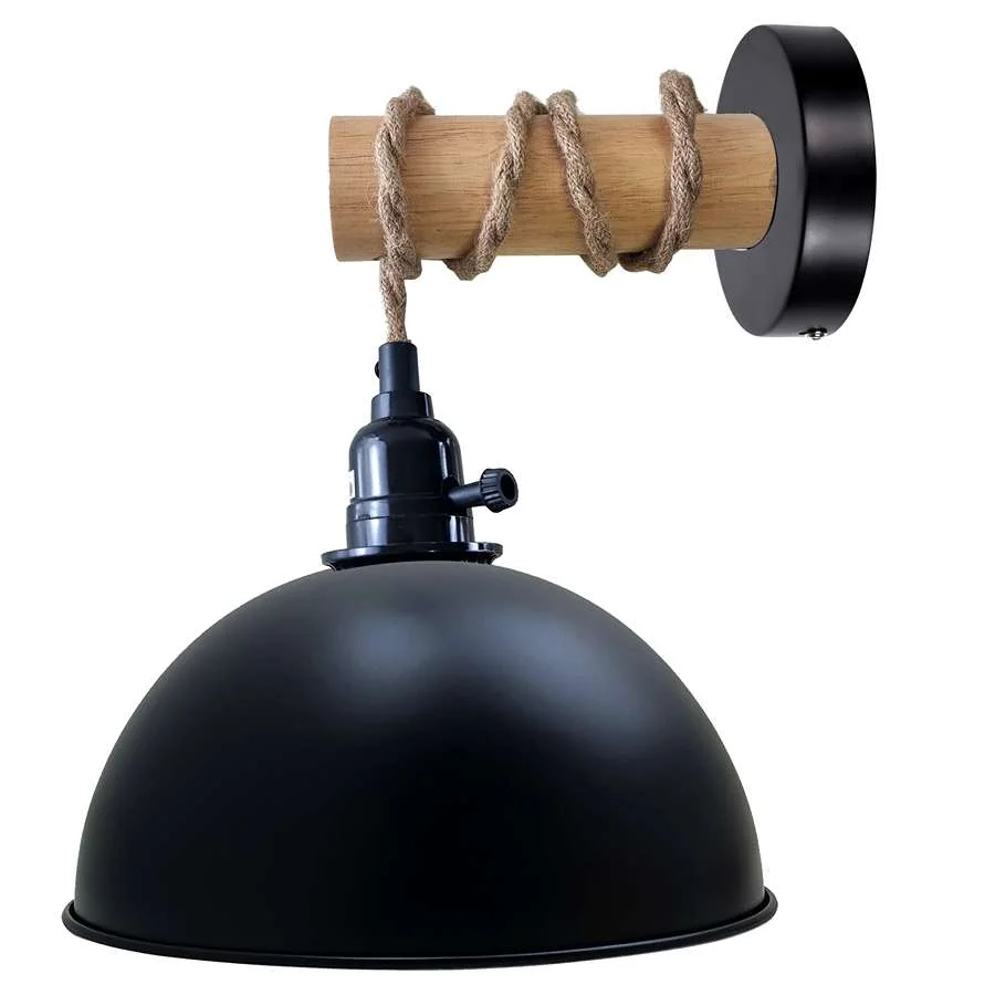 Vintage wall lamp with wooden arm and metal dome shade hanging from a 2m cable against a neutral background