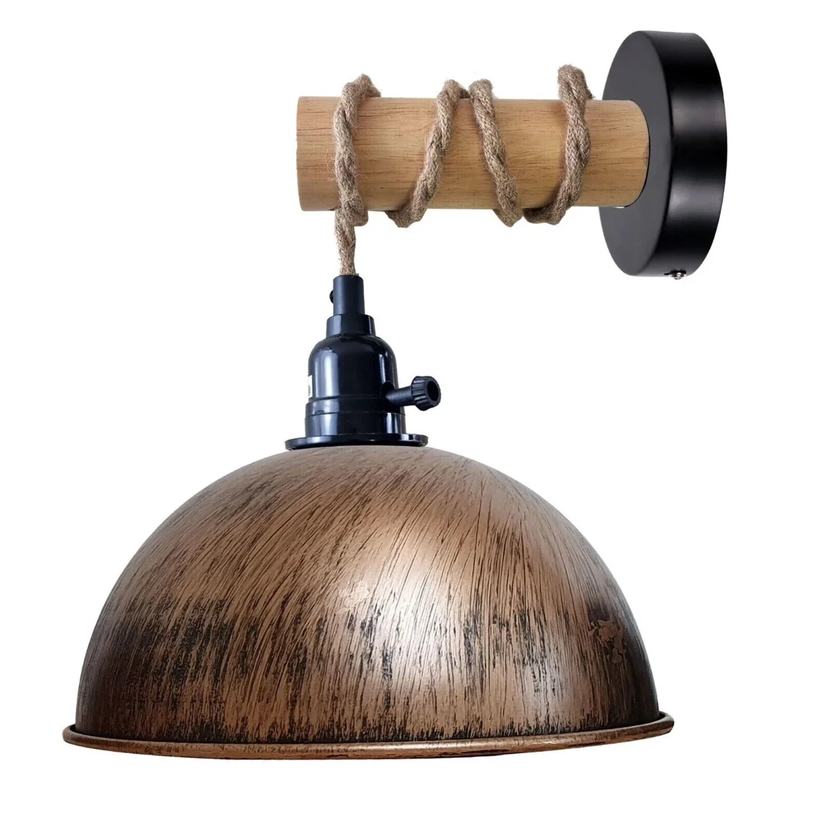 Vintage wall lamp with wooden arm and metal dome shade hanging from ceiling with 2m cable in rustic interior setting