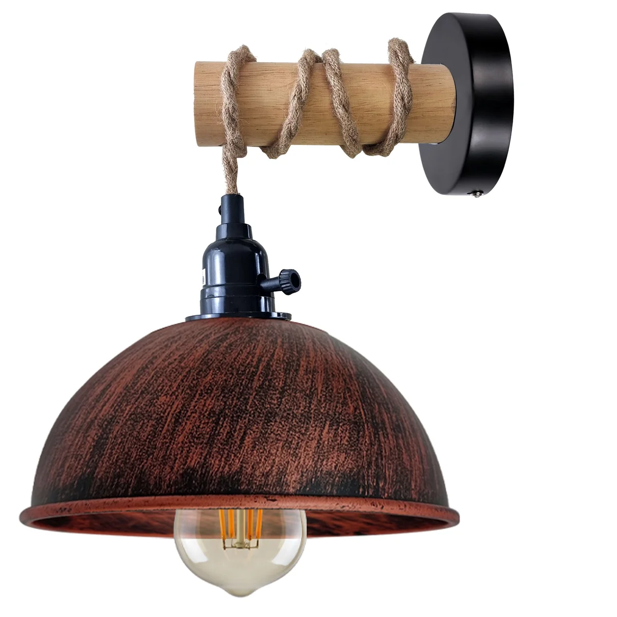 Vintage wall lamp with wooden arm and metal dome shade hanging against a white background, showing 2m cable and fittings