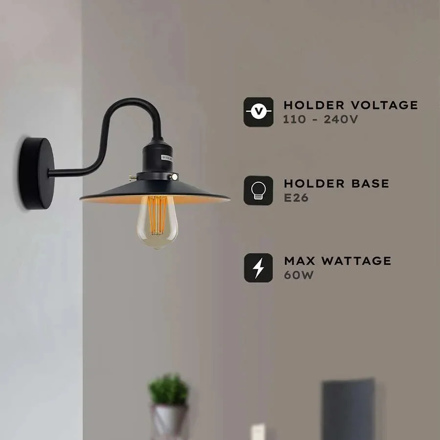 Industrial wall light with curved swan neck metal arm and E27 bulb holder, vintage industrial style, wall mounted design