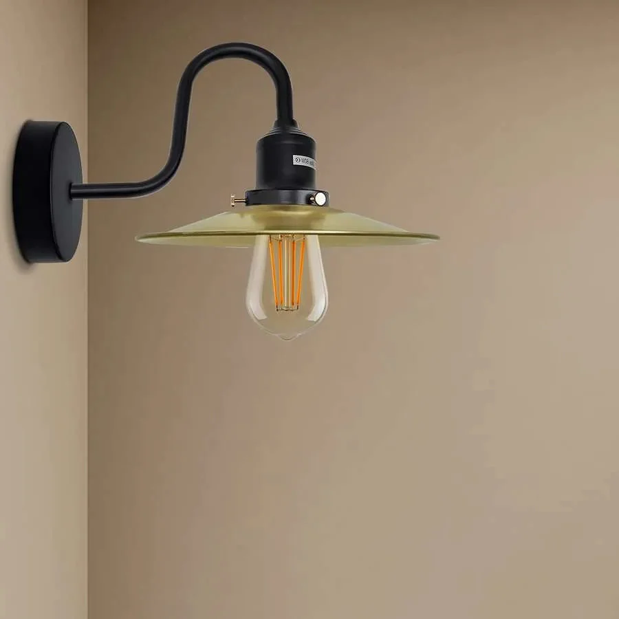 Industrial swan neck dimmable E27 wall light with curved metal arm and vintage industrial design mounted on white wall
