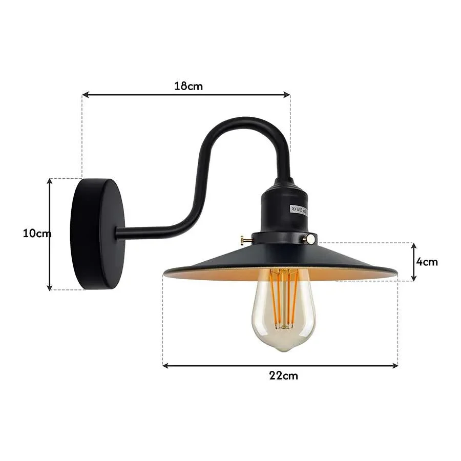 Industrial wall light with curved swan neck arm, metal finish, E27 bulb fitting, mounted on a white wall