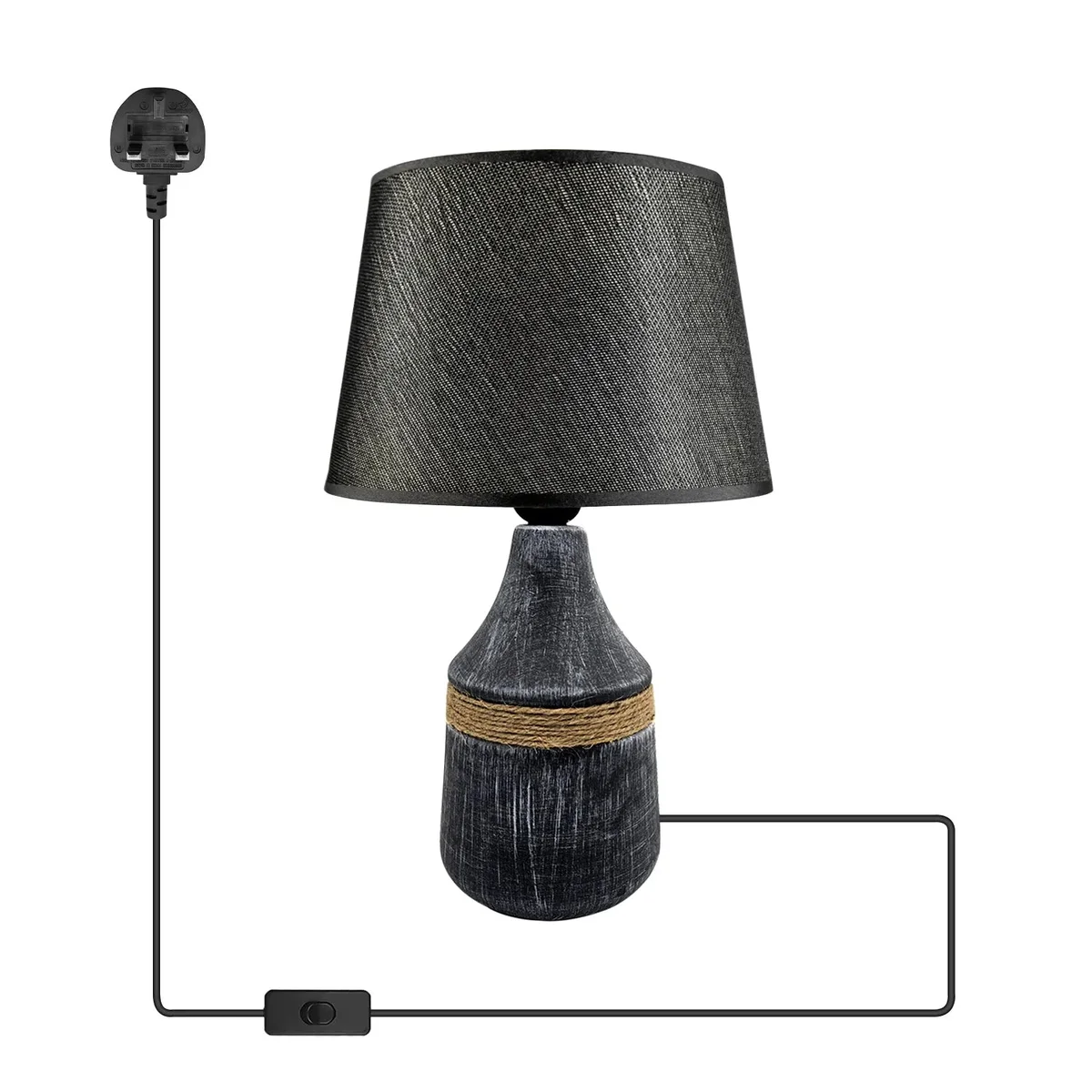 Modern minimalist fabric shade lamp with black ceramic base and coolie-shaped shade on a white background