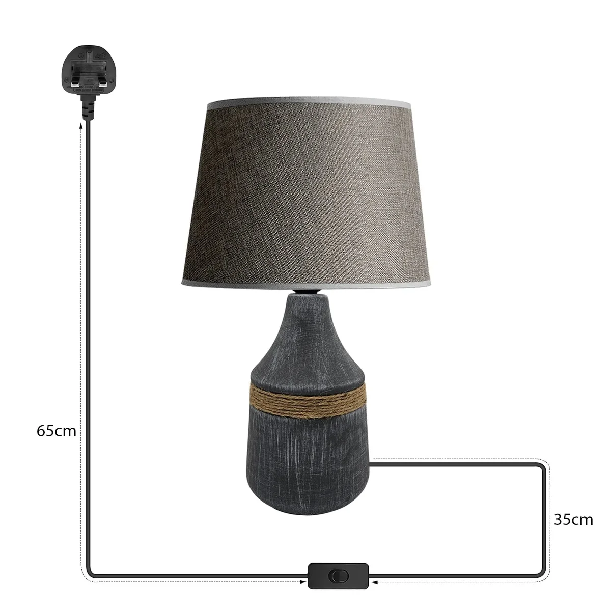 Modern minimalist ceramic base lamp with black fabric coolie shade on wooden bedside table in cozy room setting