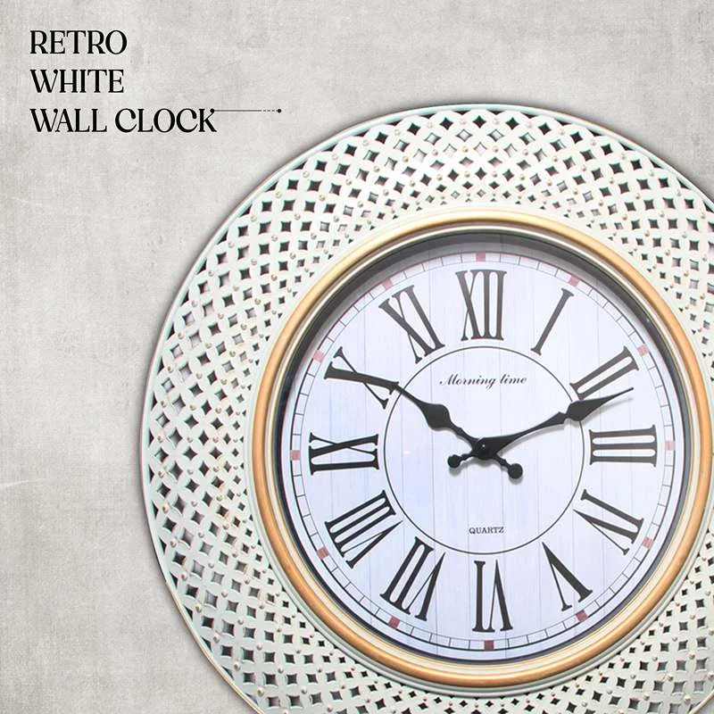 Retro round wall clock with Roman numerals, black hands, and a shiny plastic frame, 40.64cm diameter, battery powered
