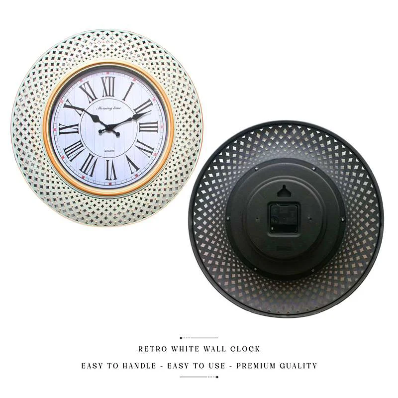 Retro wall clock with round shape, Roman numerals, black hands, and sleek plastic frame on white background