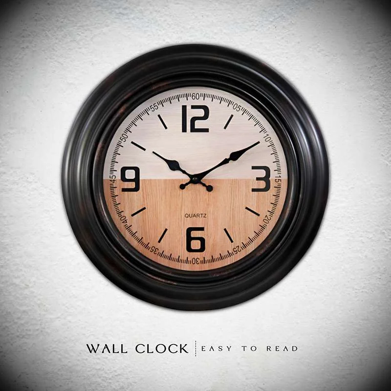 Large vintage wall clock with black round face, white numbers and hands, sleek plastic frame for living room decor