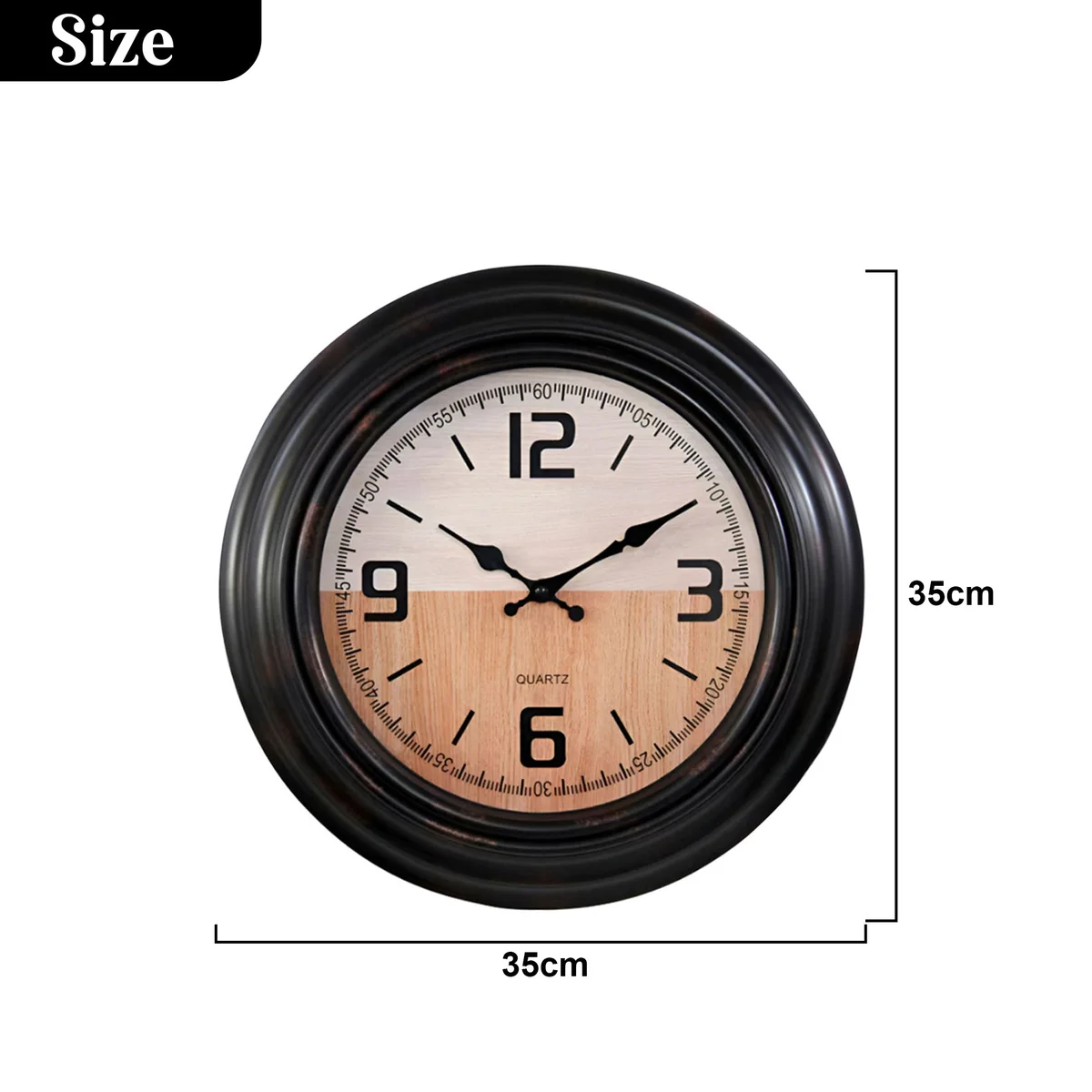 Black round vintage style wall clock with large clear numbers and sleek plastic finish hanging on white wall