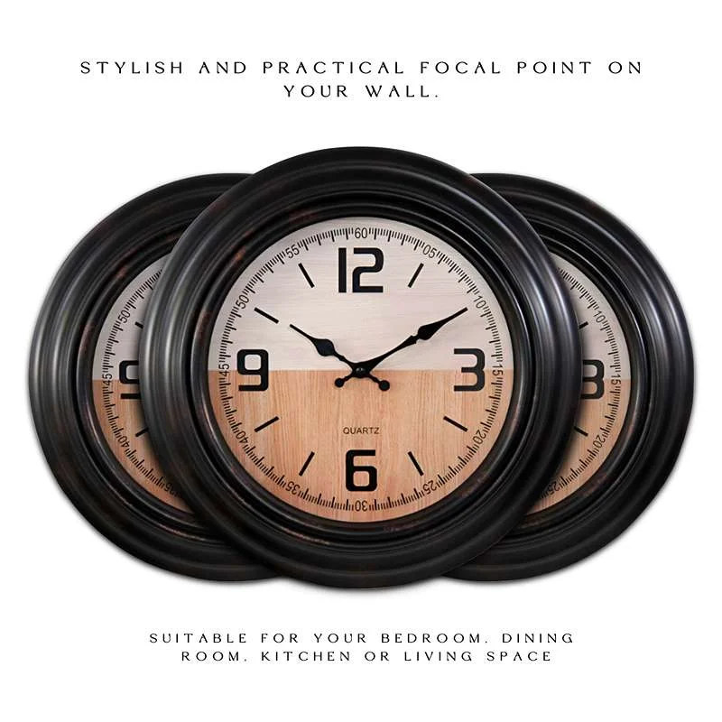 Large vintage wall clock with black round face, clear numbers, and sleek plastic frame, ideal for living room decor