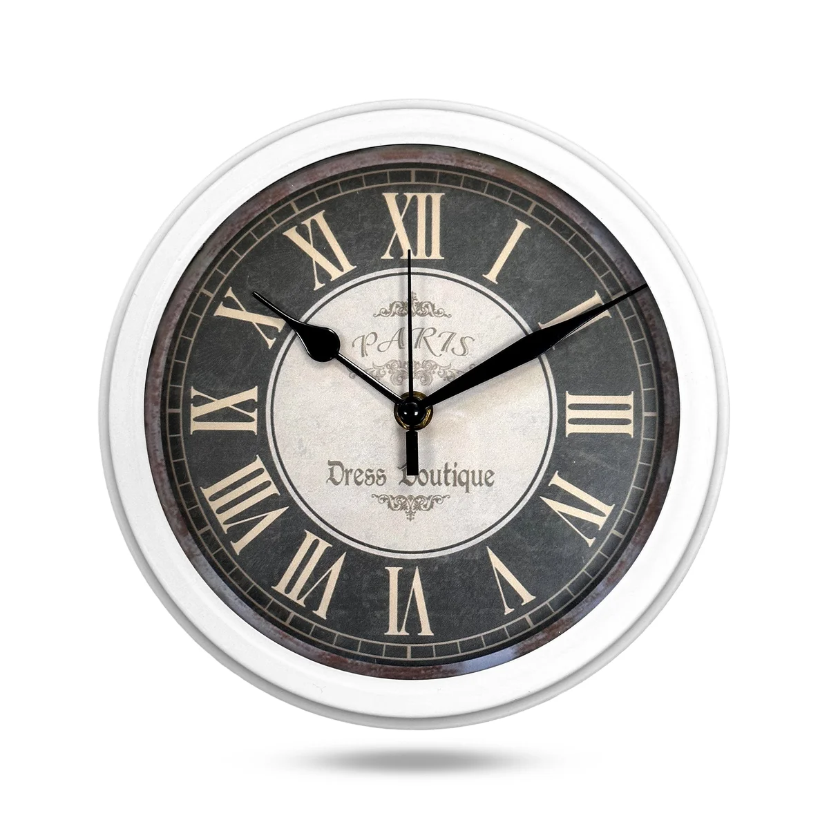 Black round large vintage wall clock with clear numbers and hands on a shiny plastic surface for living room decor