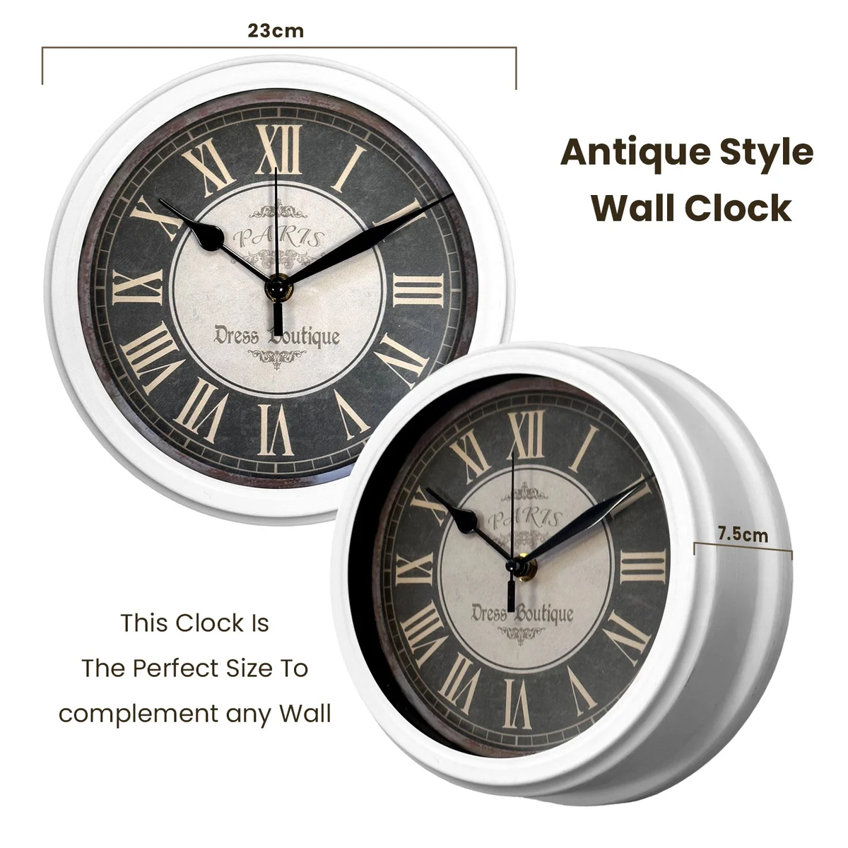 Black round large vintage wall clock with clear numbers and hands, sleek plastic finish, hanging on a living room wall
