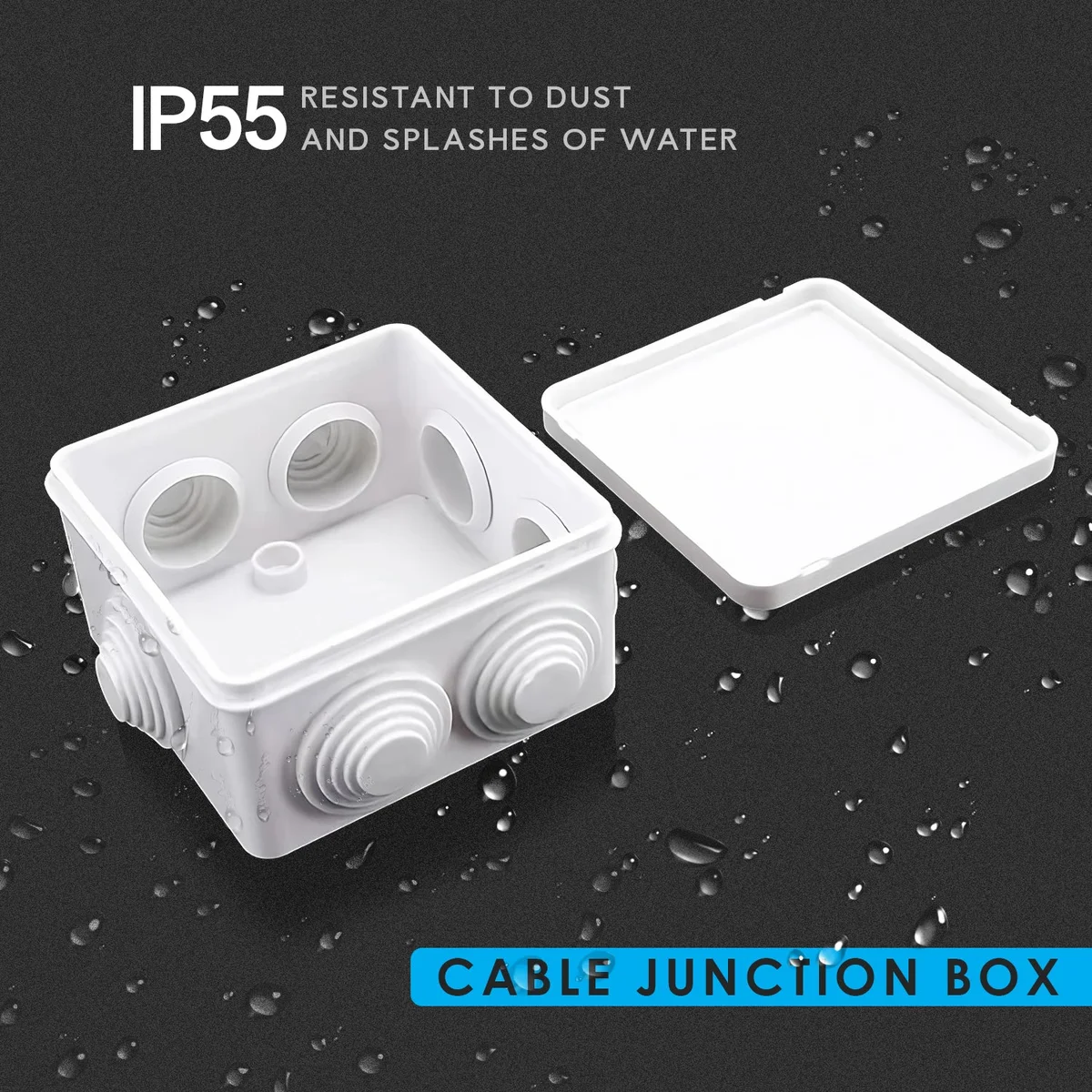 White waterproof junction box with square shape, removable panel, and screw-in installation, suitable for indoor and outdoor use