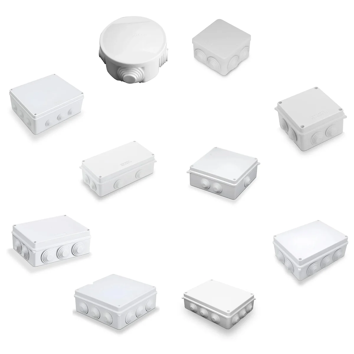 White square waterproof junction box with removable panel, weatherproof cable connector for indoor and outdoor use