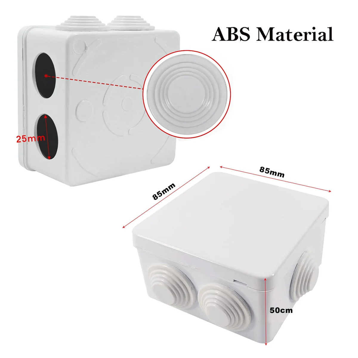 White industrial junction box with removable panel, waterproof sealing ring, and screw-in installation features