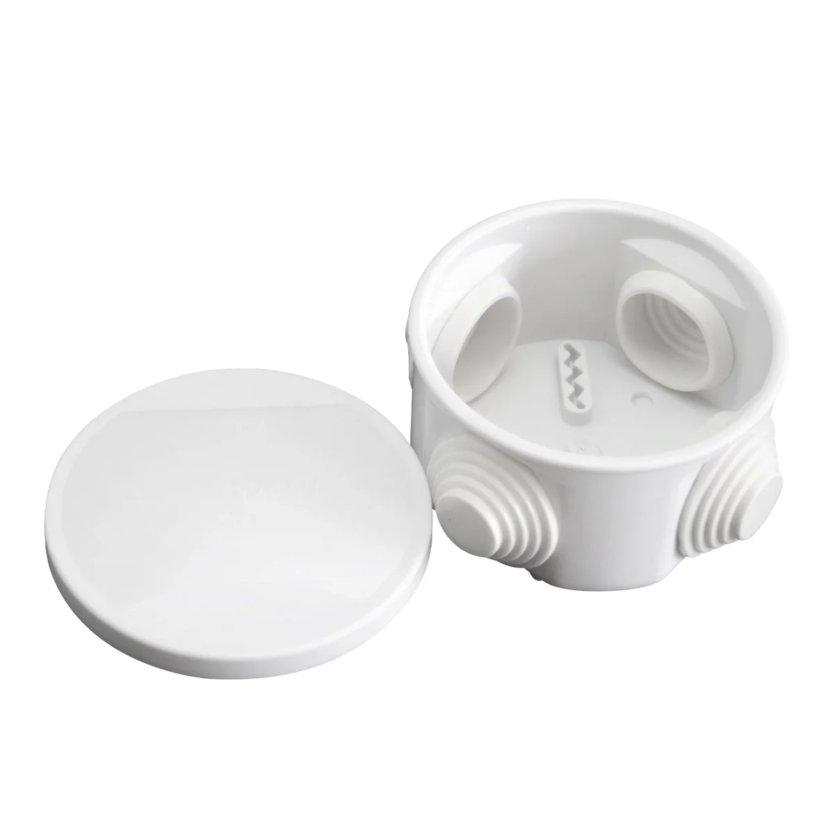 White waterproof outdoor junction box with removable panel and screw-in mounting, made from durable ABS plastic