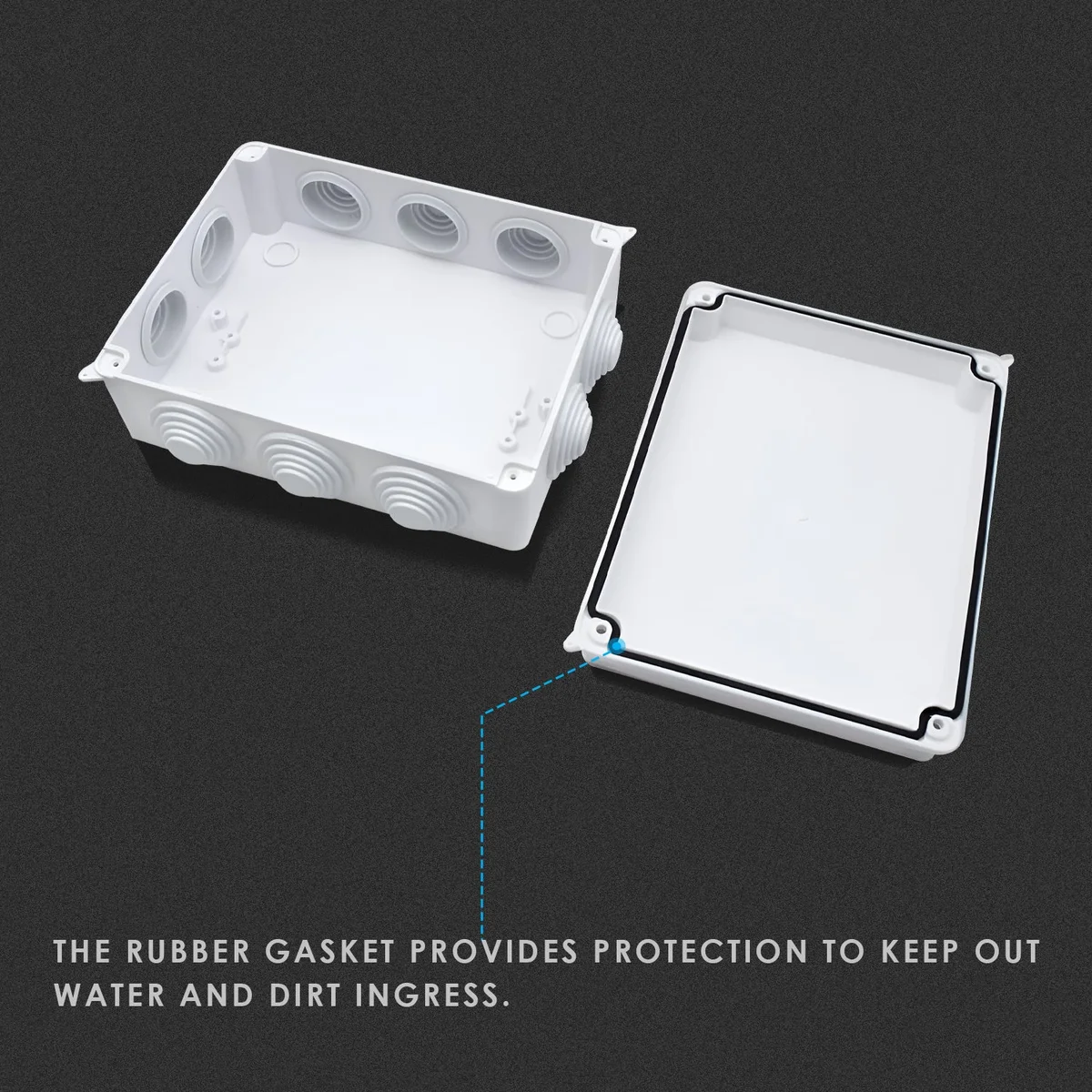 White waterproof junction box with removable panel, square shape, mounted surface for indoor and outdoor use