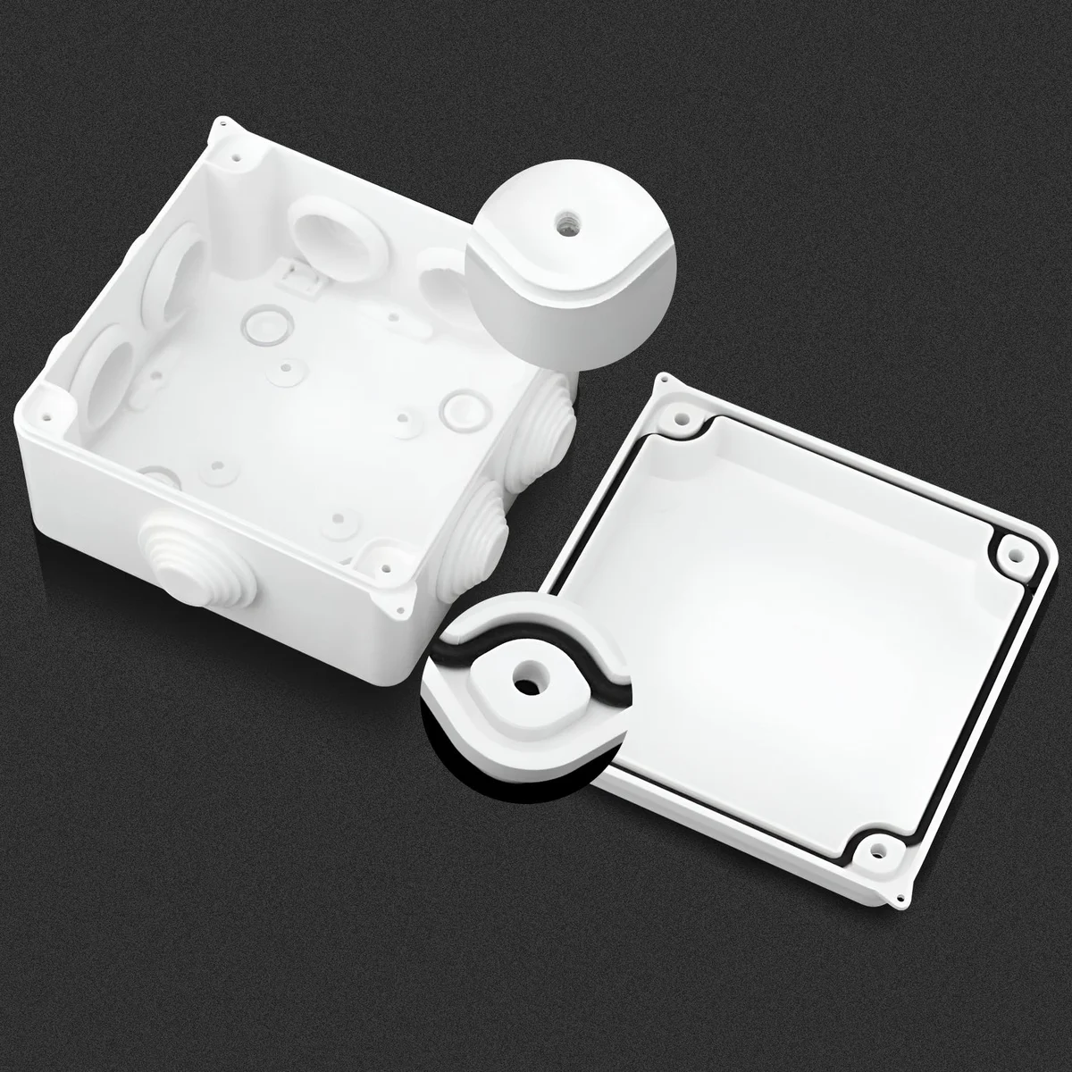 White waterproof junction box with removable panel, square shape, surface mounted for indoor and outdoor use