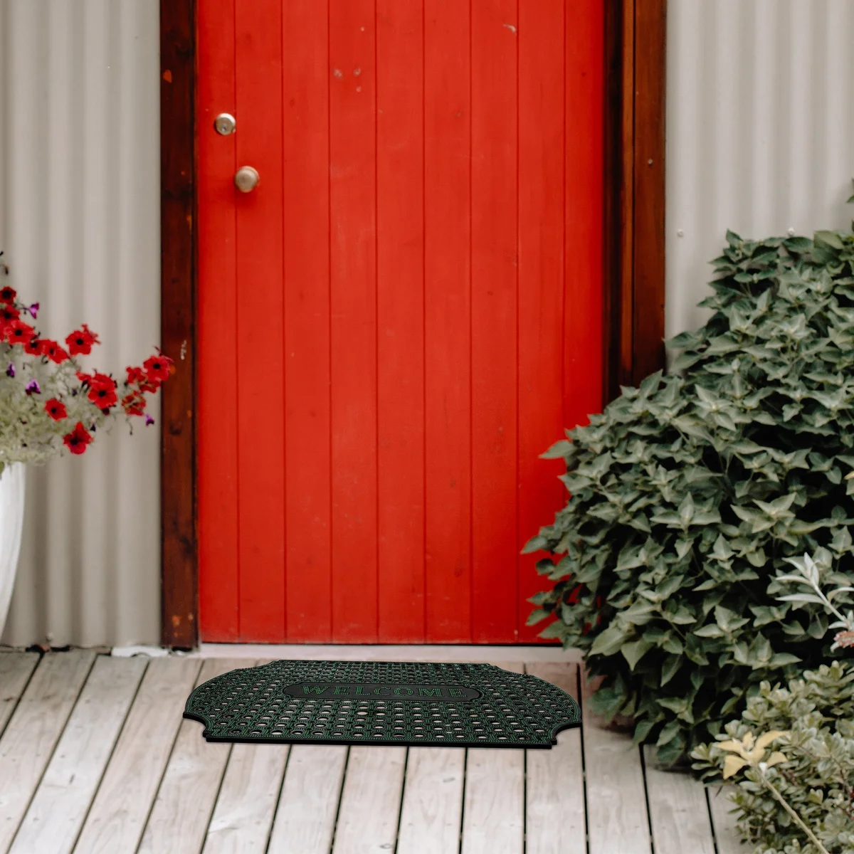 Black heavy duty rubber outdoor door mats with modern corner curved rectangle design, suitable for indoor and outdoor use