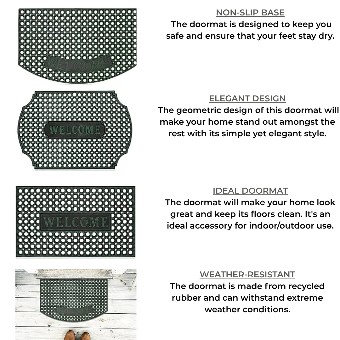 Black heavy duty door mat with curved rectangle shape, non-slip rubber backing, suitable for indoor and outdoor use