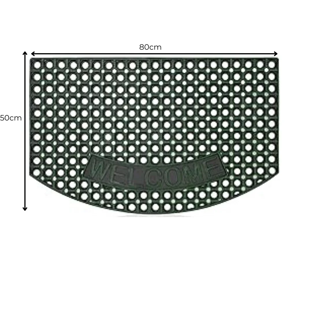 Black heavy duty rubber absorbent doormat with corner curved rectangle shape, designed for outdoor use and non-slip backing
