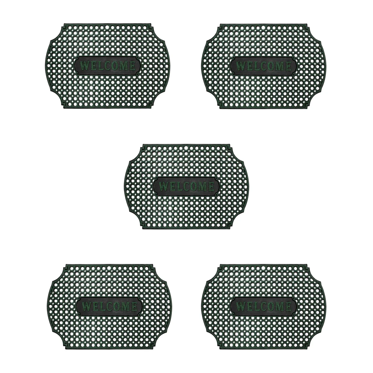 Black heavy duty rubber outdoor door mat with corner curved rectangle shape, placed on outdoor floor surface