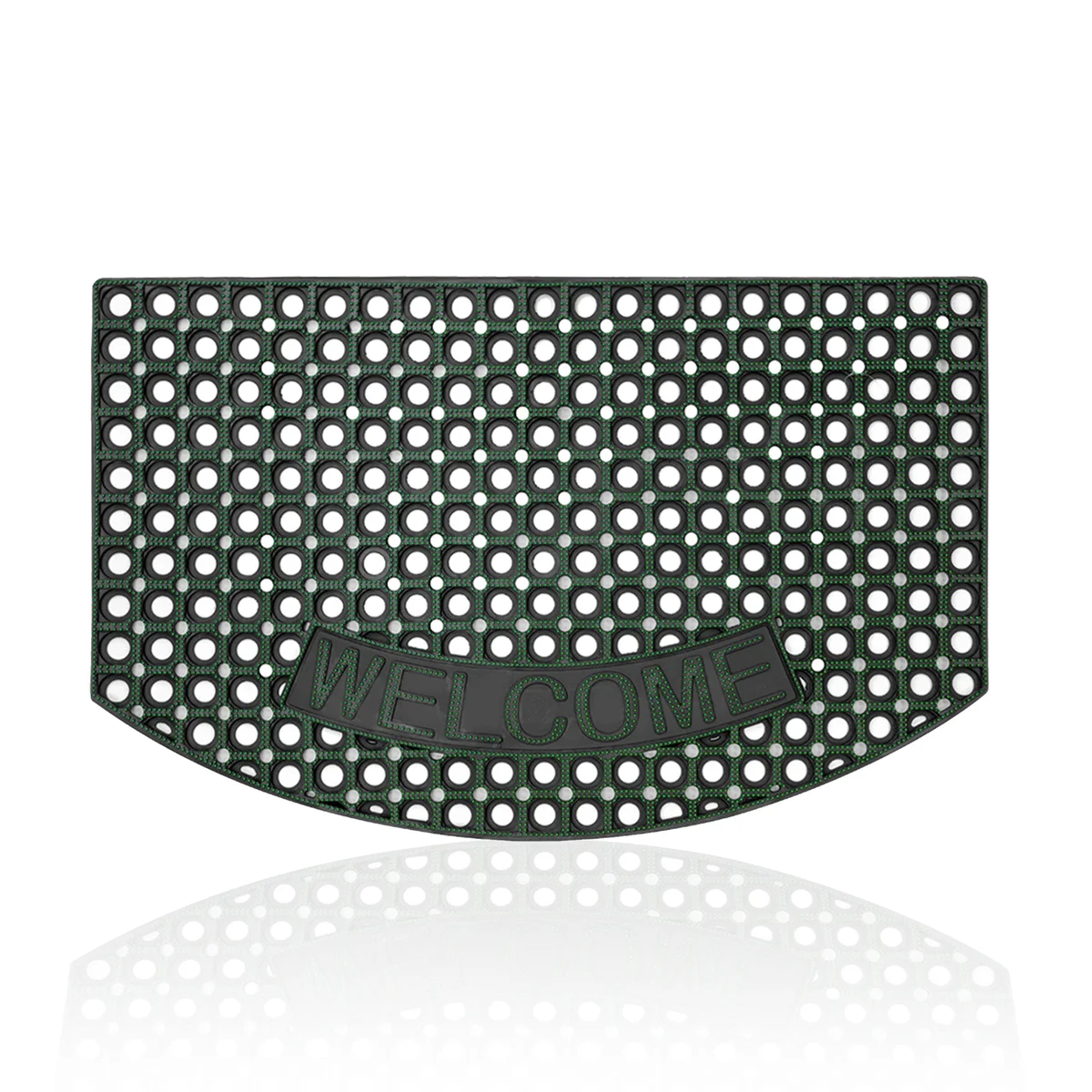 Black heavy duty rubber outdoor door mats with corner curved rectangle shape, placed on outdoor stone floor