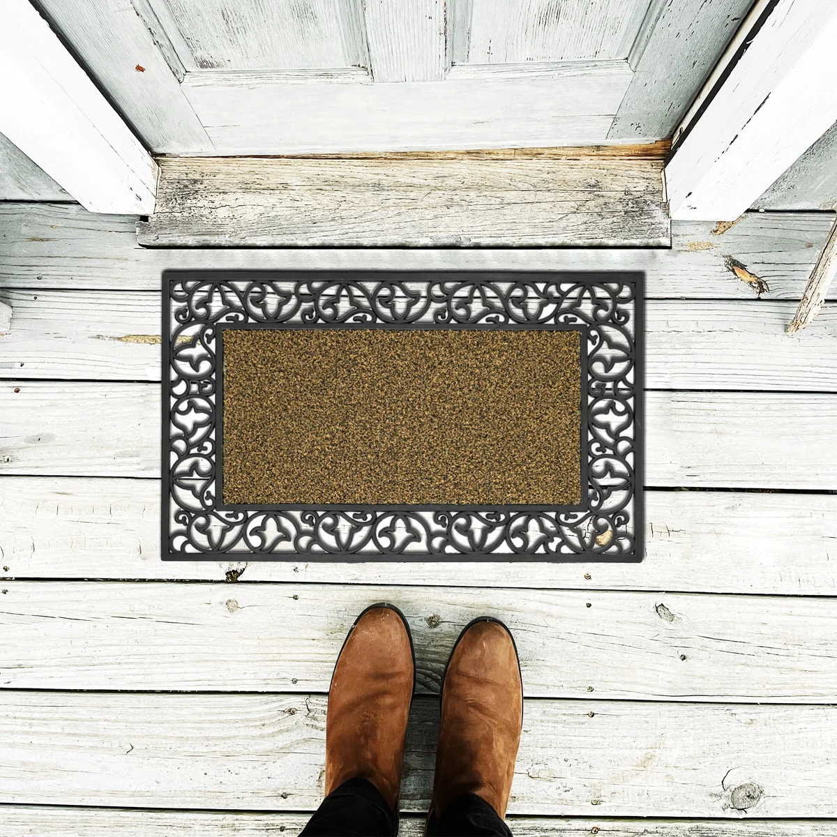 Black heavy-duty rubber outdoor doormat with non-slip backing, rectangular 75x45 cm, placed on outdoor floor tray