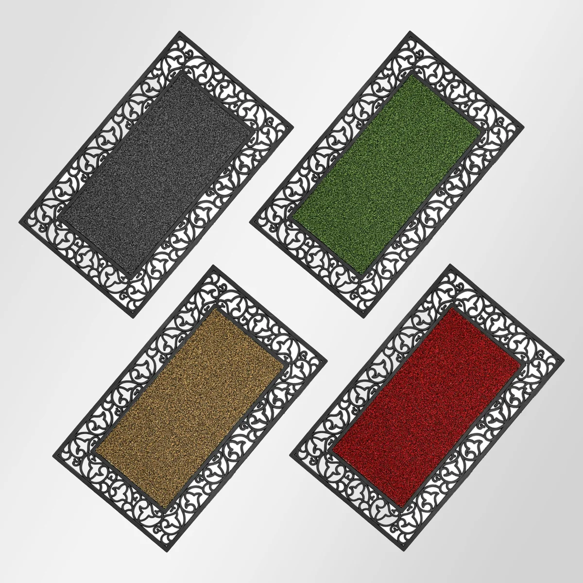 Rectangular heavy duty rubber weather resistant doormat with non-slip backing on a wooden porch floor