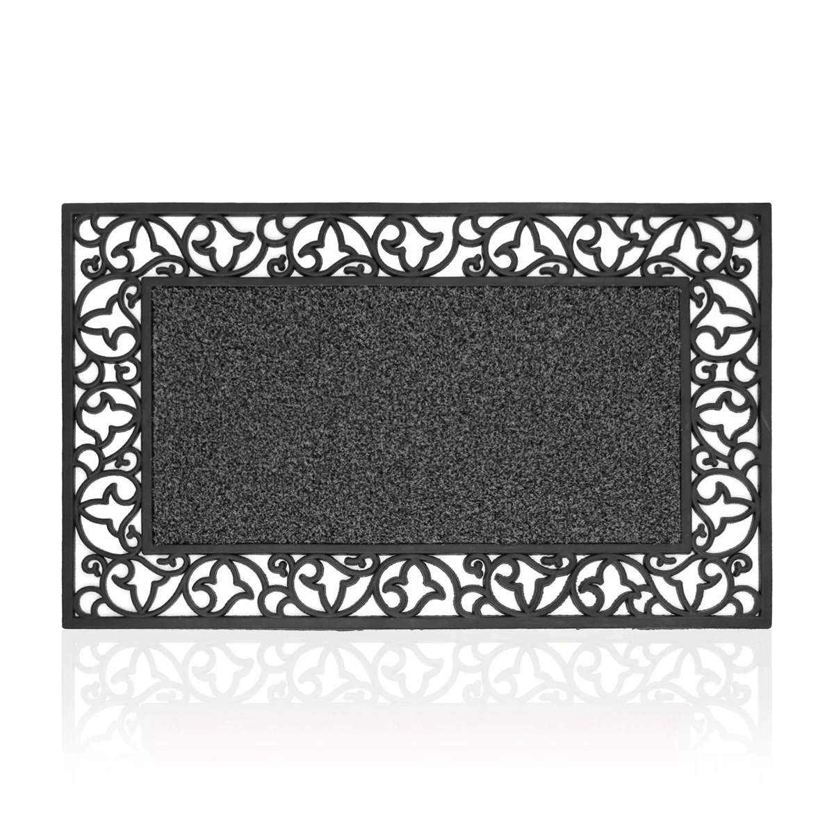 Rectangular rubber mat with non-slip backing on a porch, designed to trap dirt and water, measuring 75cm by 45cm
