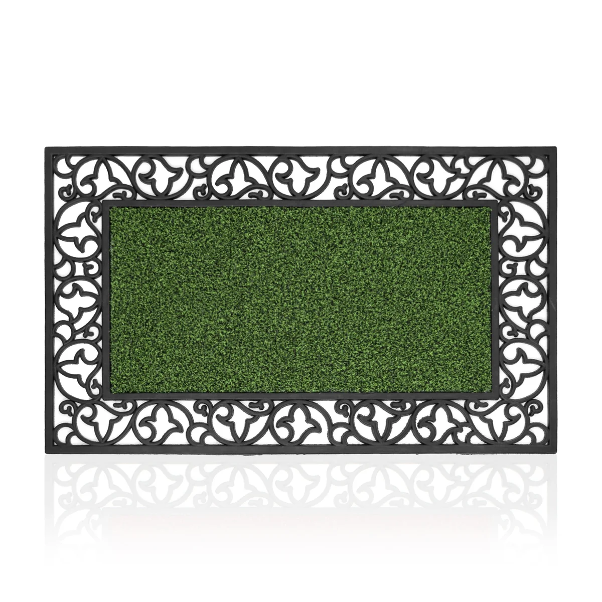 Black heavy-duty rubber door mat tray with non-slip backing, measuring 75cm by 45cm, suitable for outdoor use