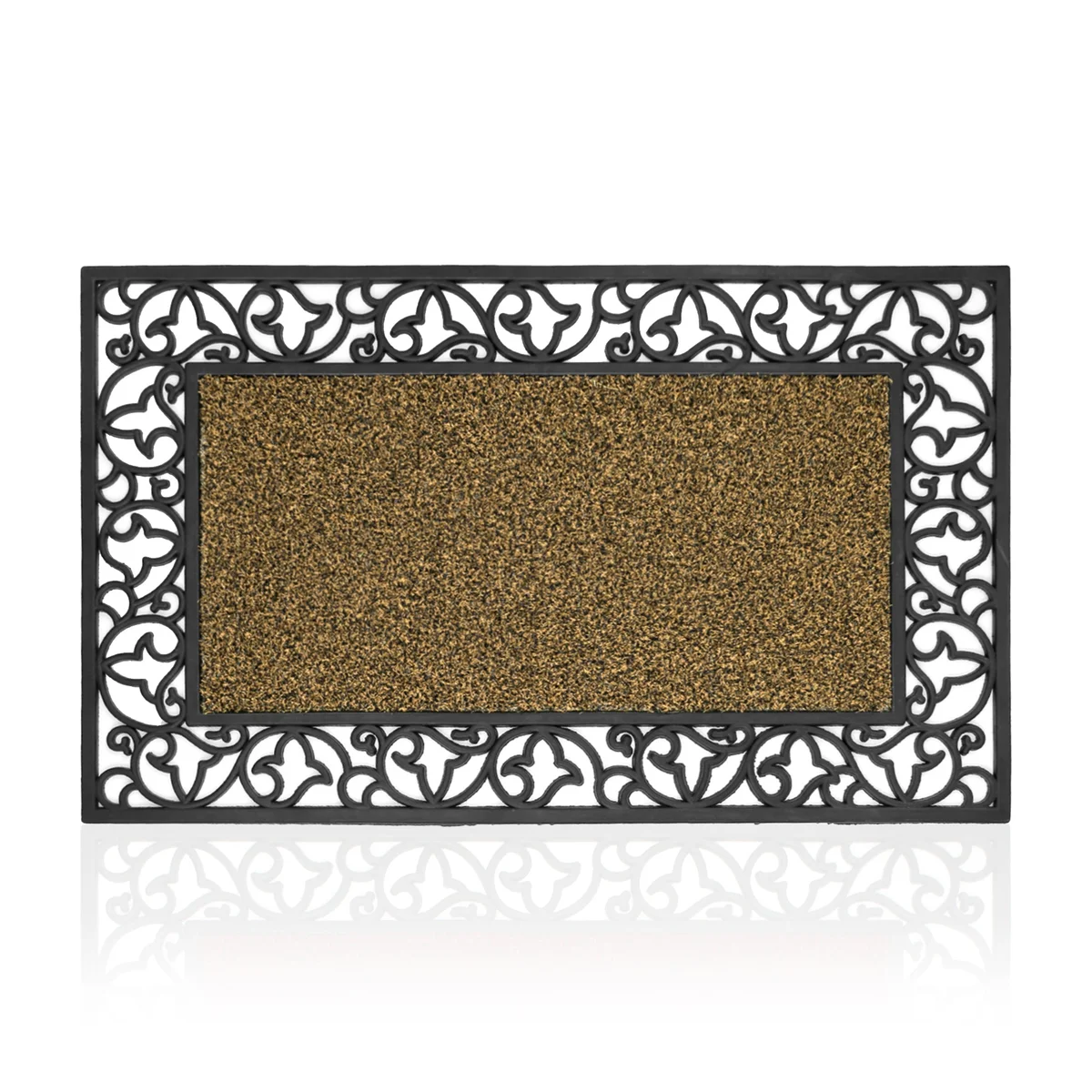 Black heavy-duty rubber outdoor doormat with non-slip backing on a porch, measuring 75cm by 45cm