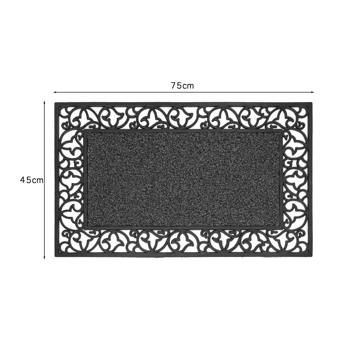 Black heavy-duty rectangular rubber outdoor doormat with non-slip backing on a porch floor