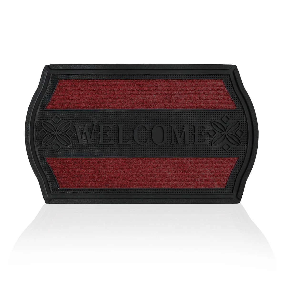 Modern black outdoor door mats with red accents, rubber material, rectangular shape, and curved corners for indoor and outdoor use