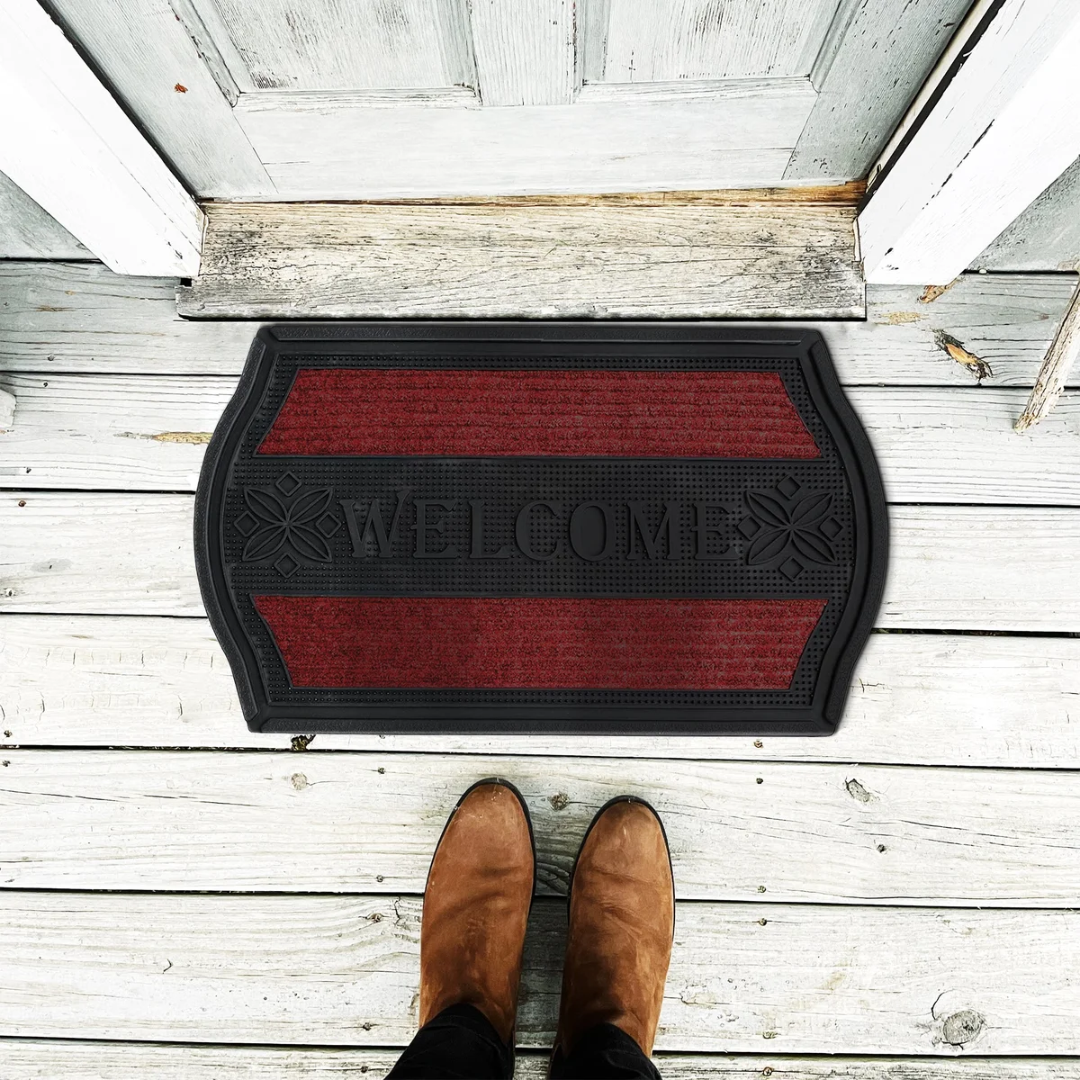 Modern black and red indoor outdoor door mats with curved corners, made of rubber, 75x45 cm, suitable for entryways and kitchens