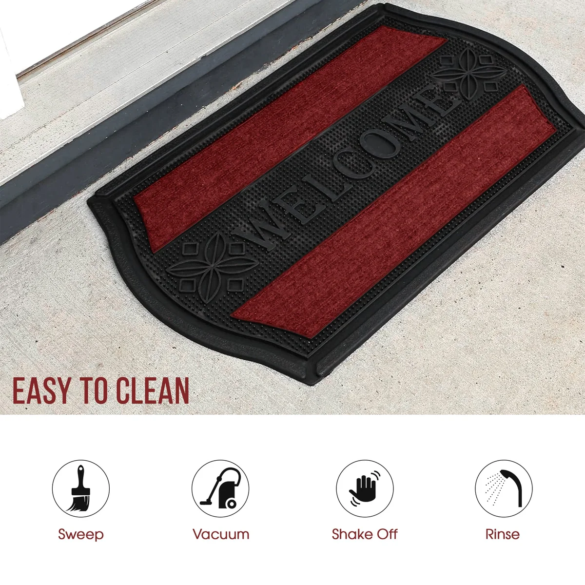 Modern black and red rubber non slip door mats with curved corners, suitable for indoor and outdoor use, 75x45 cm size