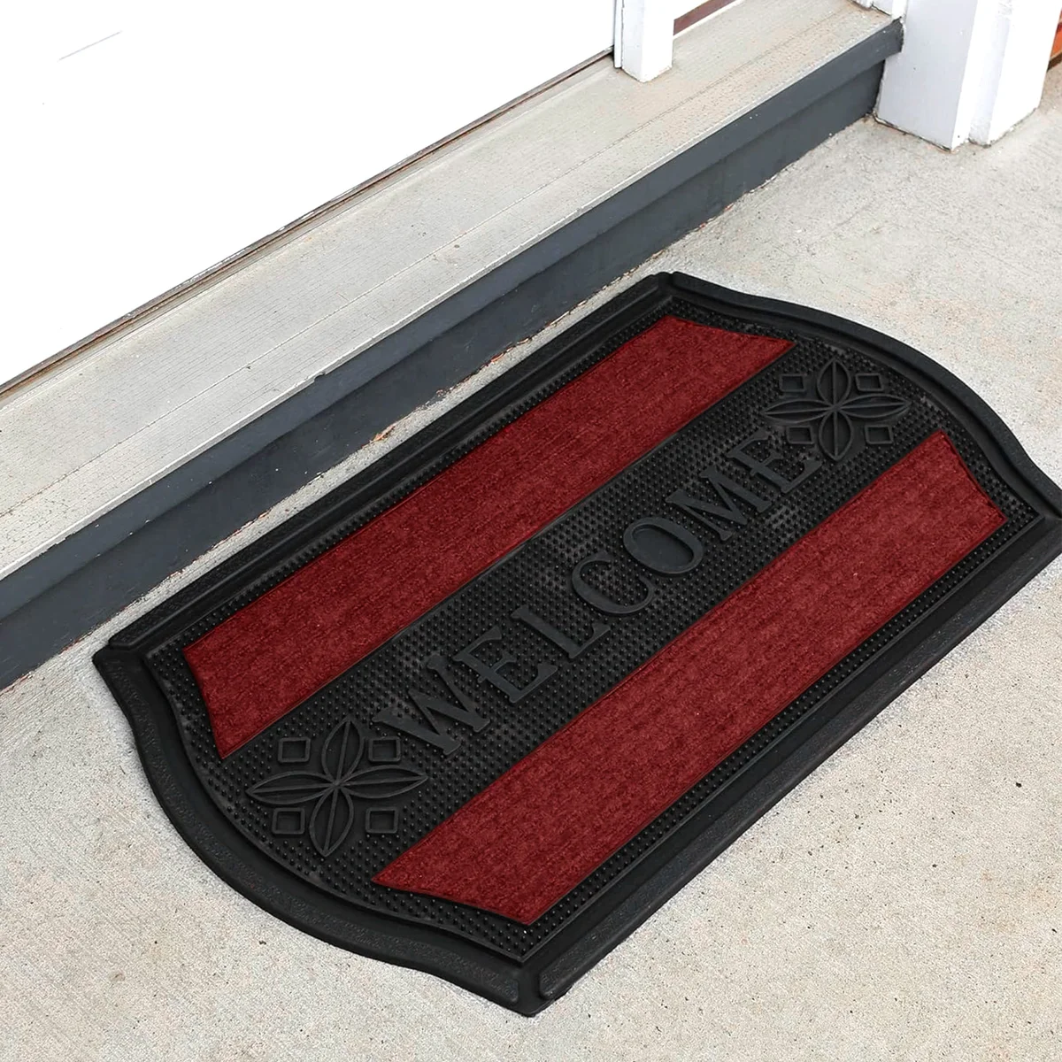 Modern black and red washable door mats with curved rectangle shape, designed for indoor and outdoor use on floors