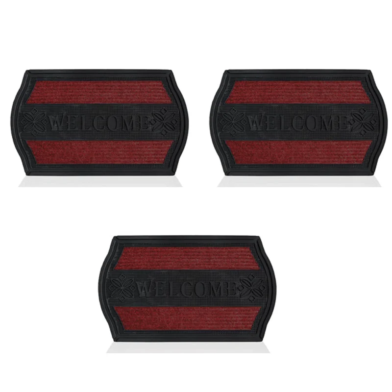 Modern black outdoor door mats with red accents, rubber material, curved rectangle shape, placed on floor near door