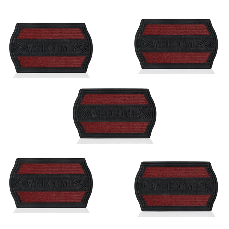 Modern black outdoor door mats with black and red rubber design, corner curved rectangle shape, placed near a door entryway