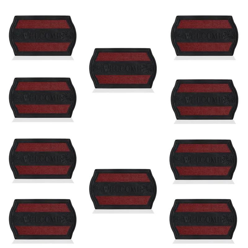 Modern black outdoor door mats with red accents, rubber material, corner curved rectangle shape, 75x45 cm size, non-slip design