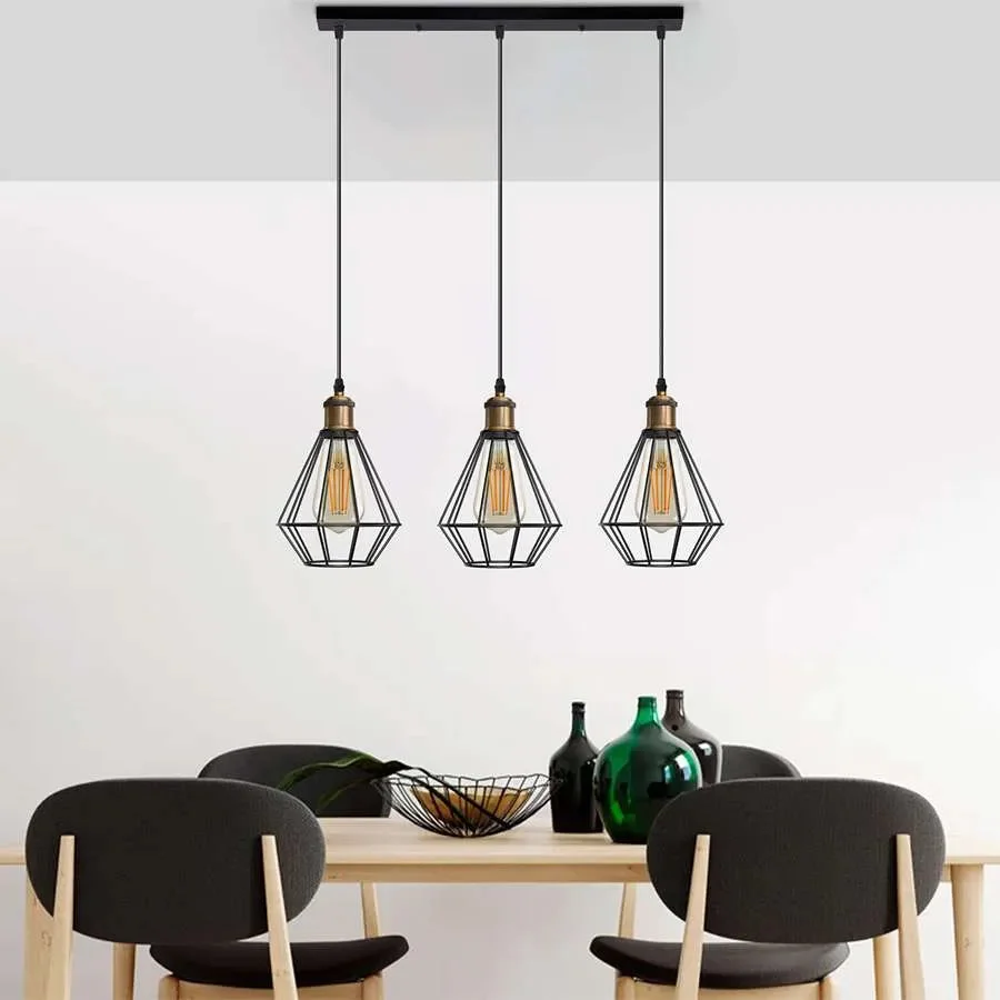 Black industrial style 3 light pendant light with wire cage bulb guards and adjustable 95cm PVC cord ceiling mount