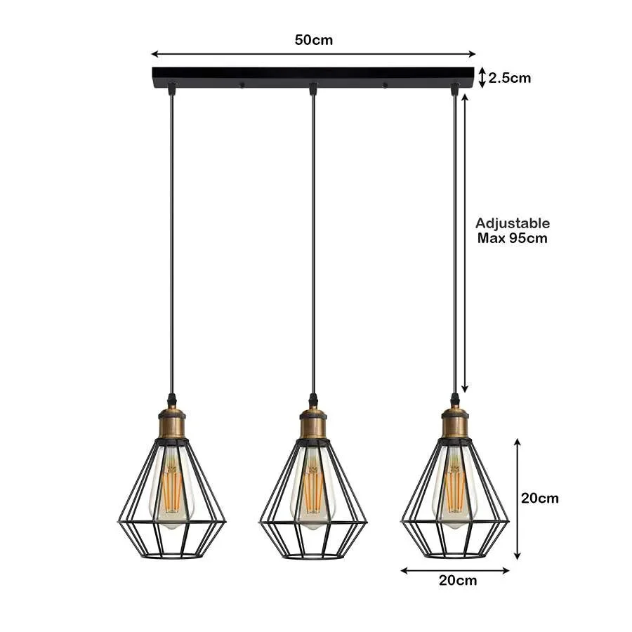 Black ceiling light with three bulb guard wire cages, industrial style pendant with adjustable 95cm PVC cord