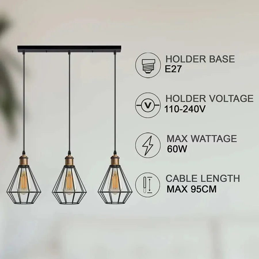 Black industrial 3 light pendant with wire bulb guard cage and adjustable 95cm cord, E27 bulb pendant style