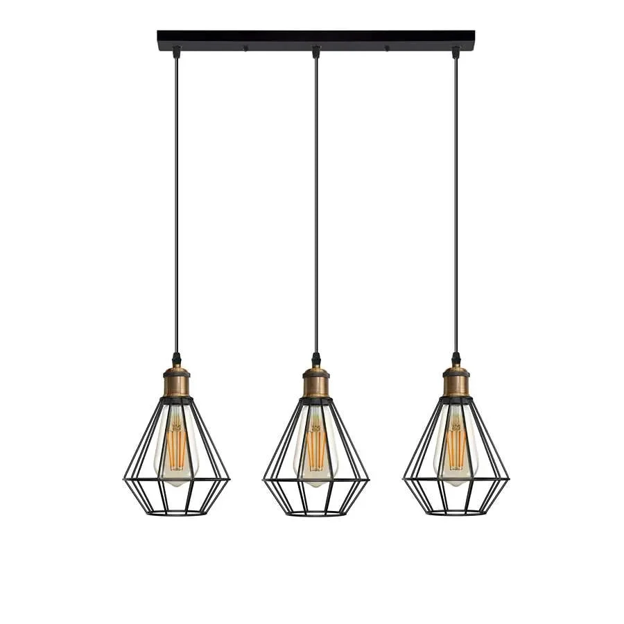 Black industrial 3 light pendant with wire bulb guard cage and adjustable cord, dimmable ceiling light for indoor use